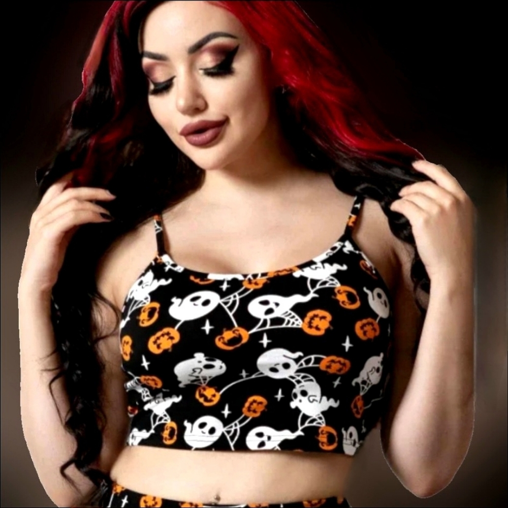 Killstar blk white orange  Haunted pumpkin graphic cropped camisole XXL NWOT